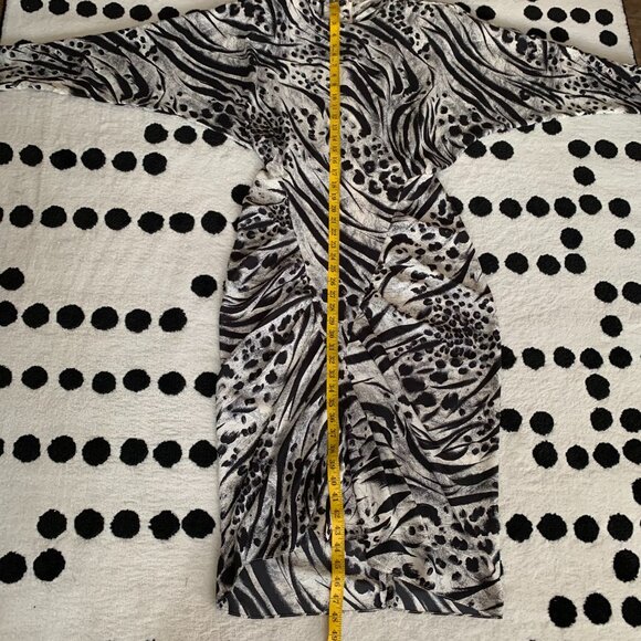 Vintage Animal Print Dress 7 Black White Chiffon Long Dolman Sleeve Corset Skirt - Picture 13 of 15